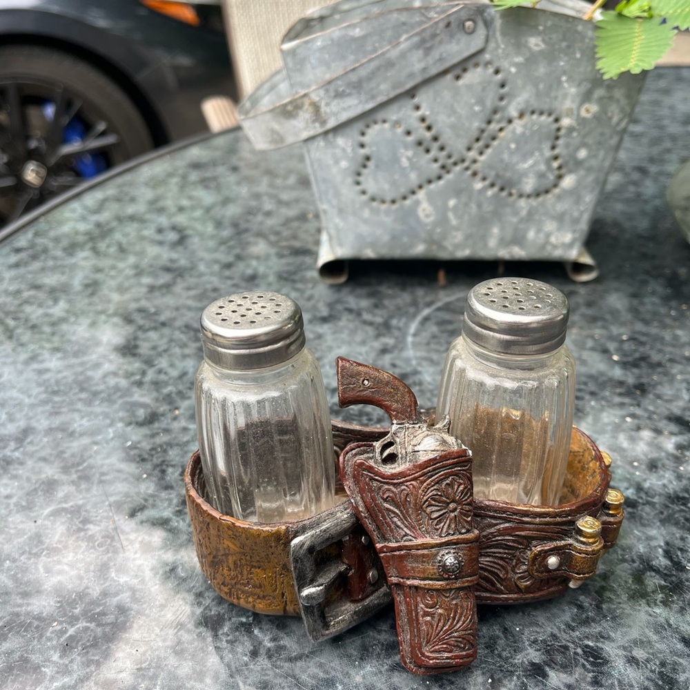 Antique-Style Western Salt & Pepper Shakers with Leather Holster